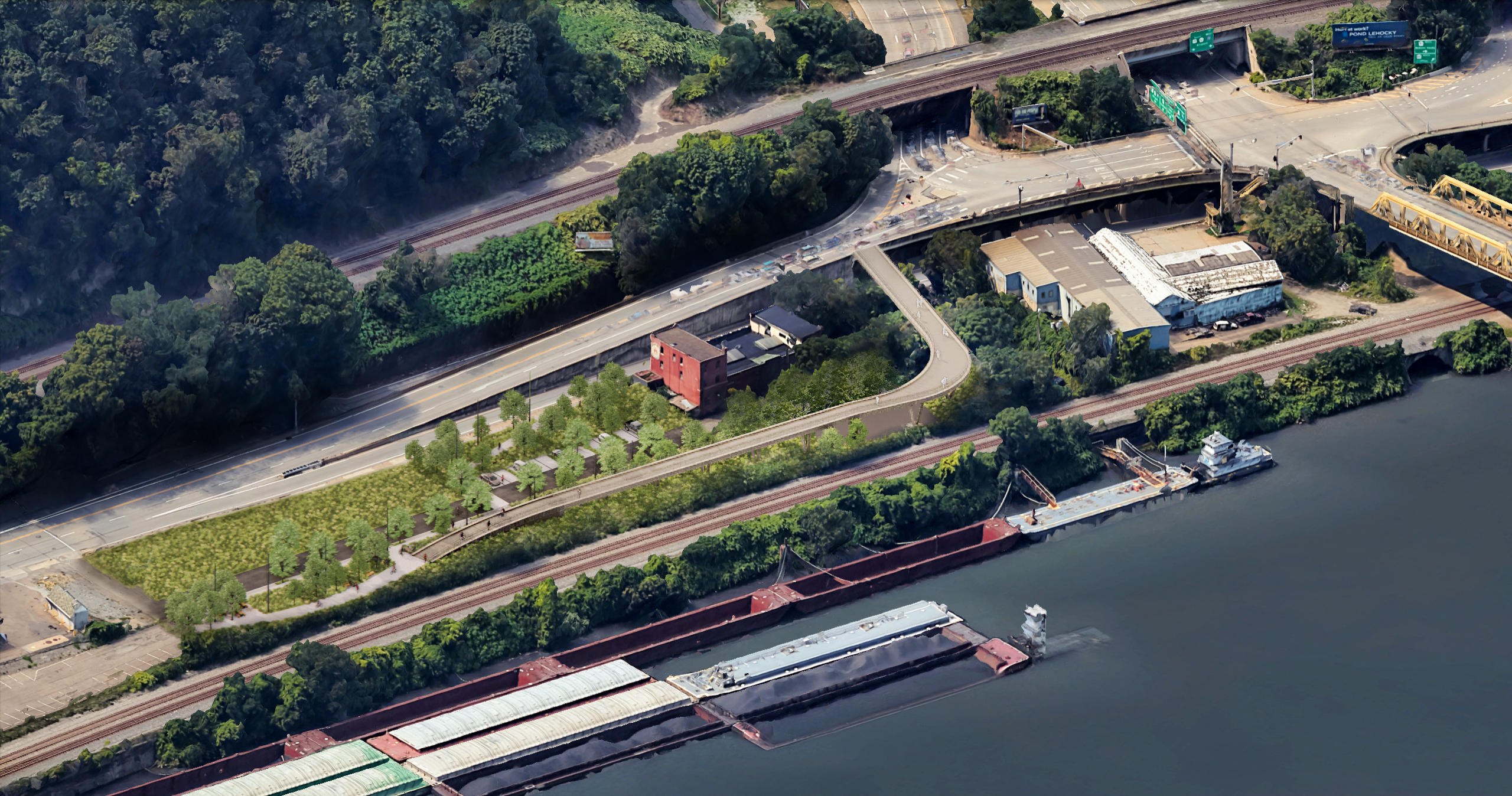 Artists Rendering showing the West End Bridge in the top right and a ramp running parallel to Carson Street along The Ohio River.   There are coal barges parked along the river bank and railroad tracks run parallel to the river and a second set of tracks 