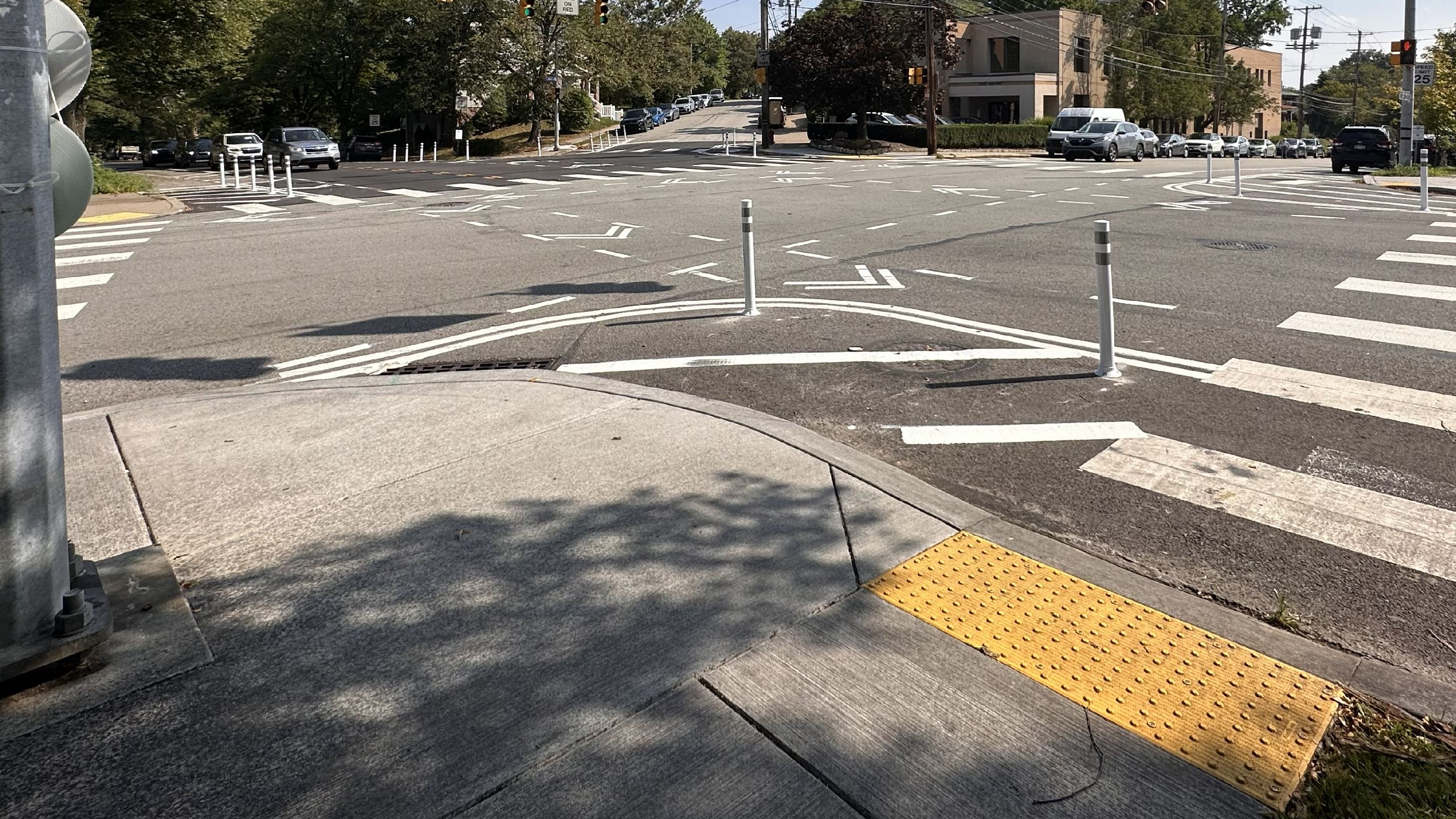 Image of a curb extension made with white paint and flex posts