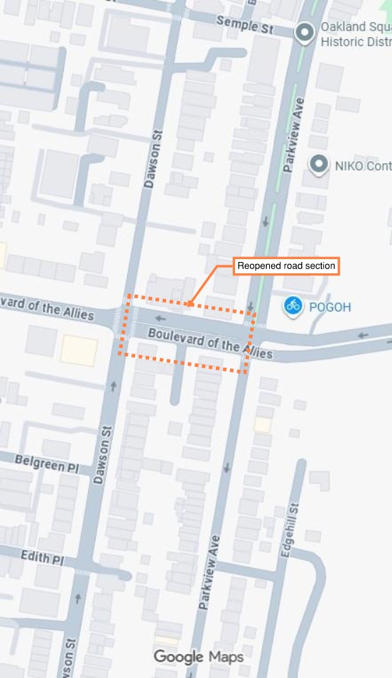 Reopened road at Dawson St. and Parkview Ave.
