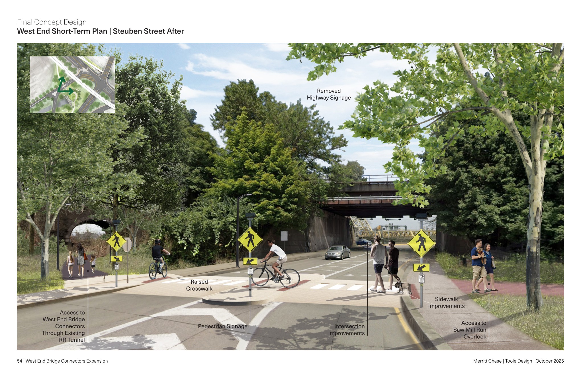 Artist's rendering showing pedestrians and bicyclists using a raised crosswalk marked with 3 yellow signs.   in the back ground there are mature trees and  we can see a tunnel on the right and the West End Bridge in the center. 