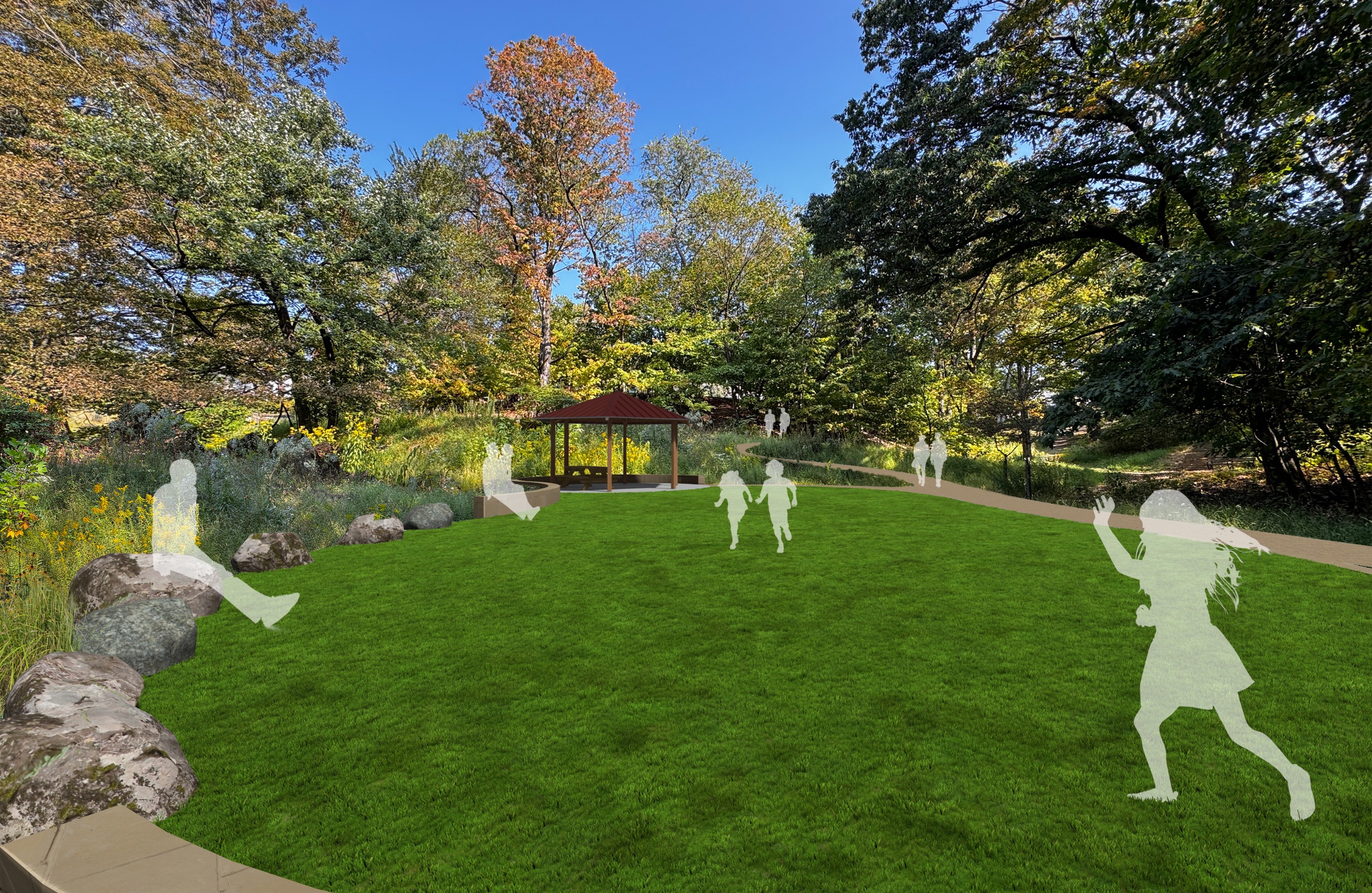 A level lawn space with pavilion and seat wall