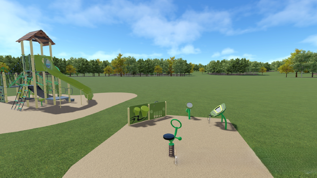 Pieces of interactive play equipment such as musical instruments and motion toys.