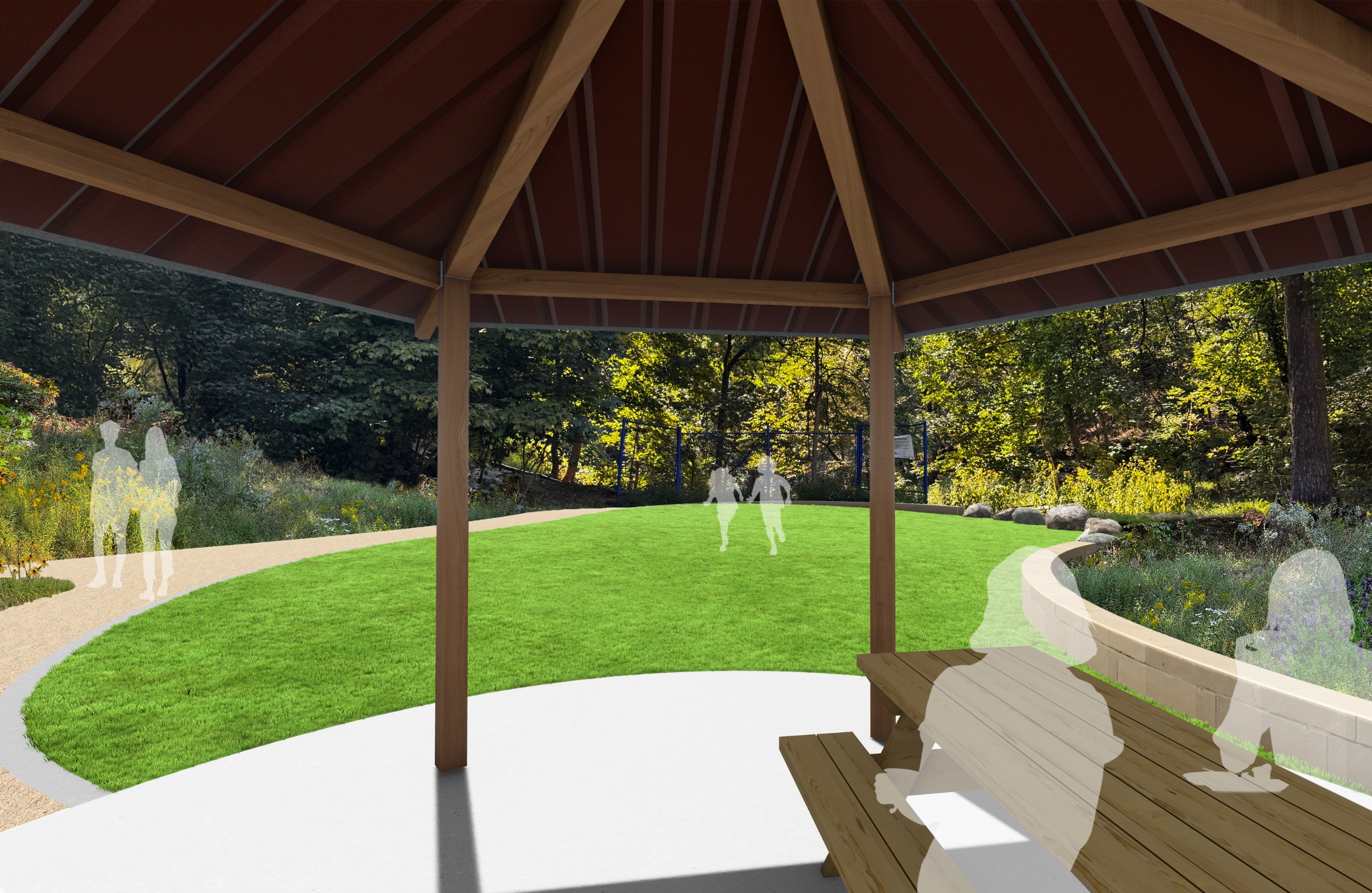 View from the pavilion picnic table of the level lawn space