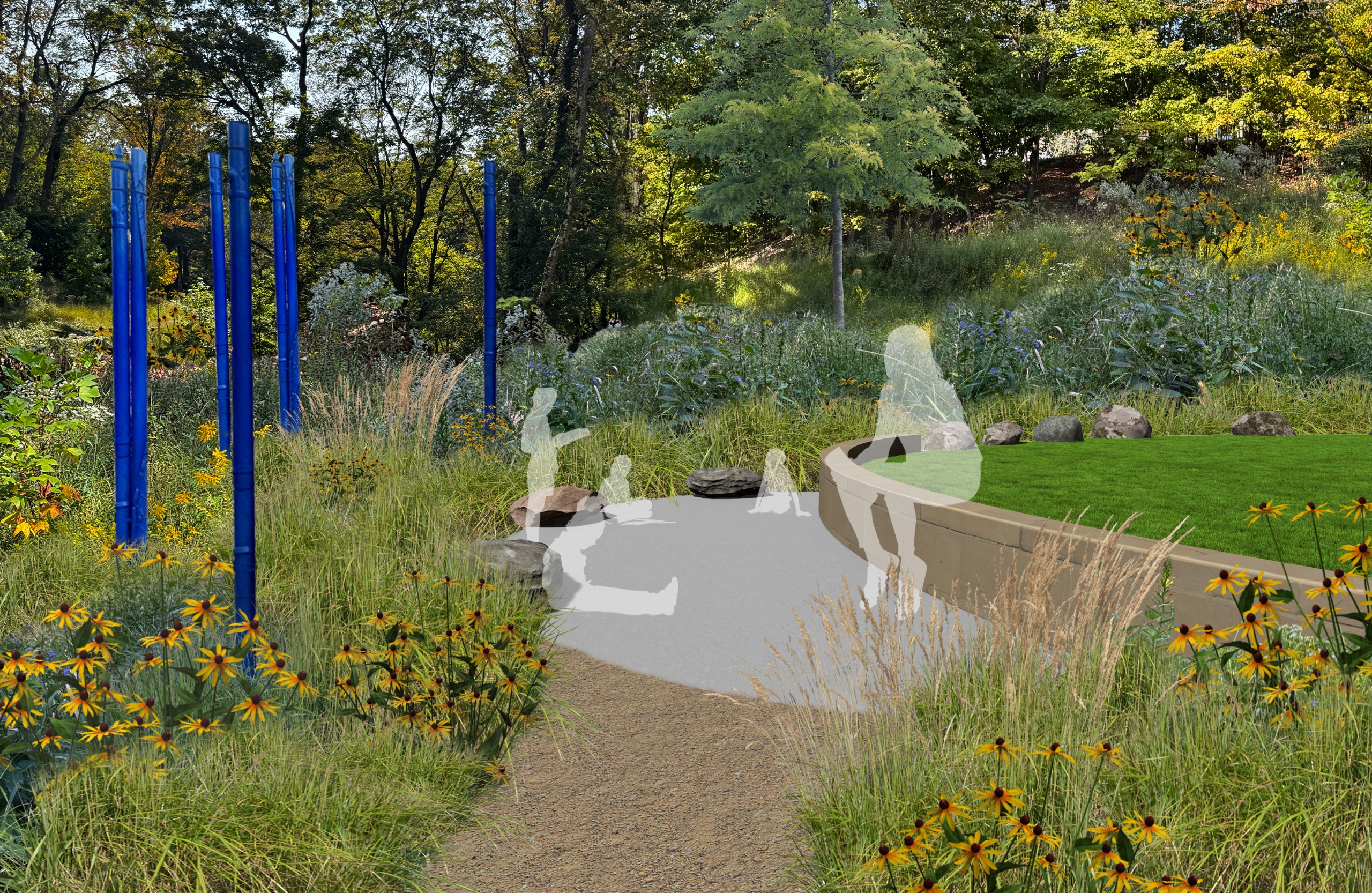 Existing backstop area with a flat concrete pad, a seat wall, and native plantings