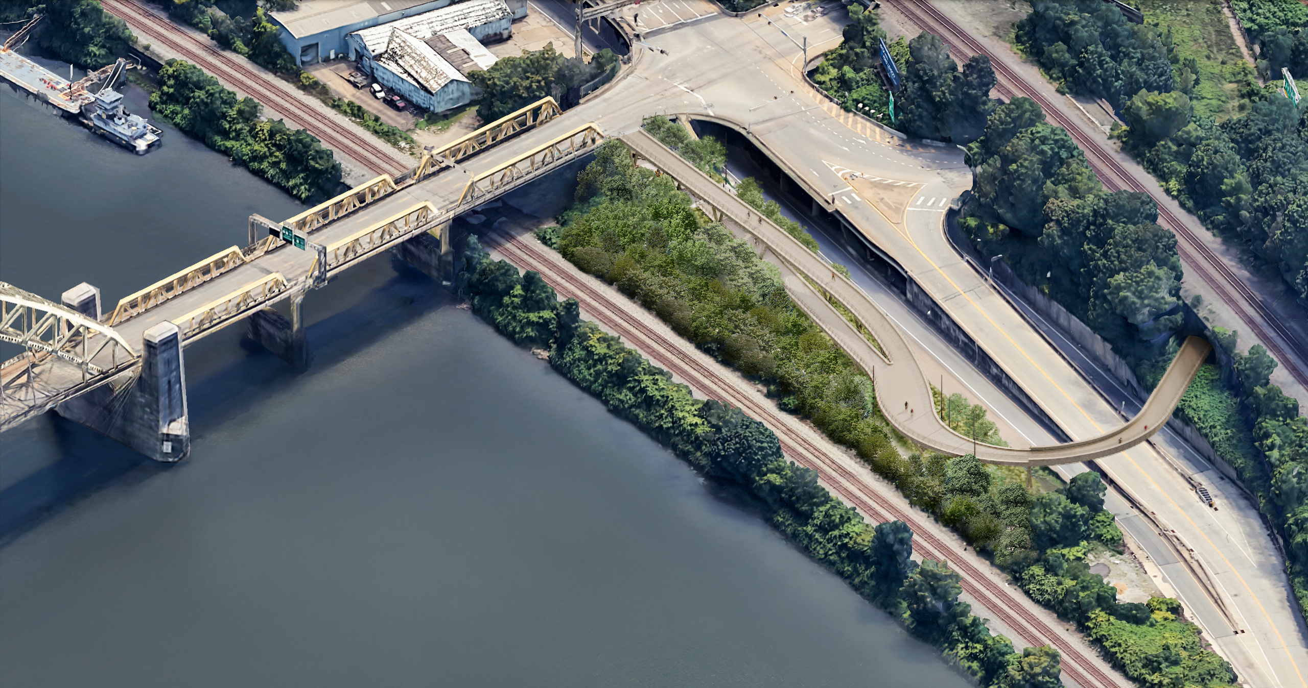An artists rendering showing the West End Bridge at the top left and a bike ramp at the bottom right coming out of a railroad tunnel across Carson Street.   The ramp is parallel to Carson Street, the railroad tracks and the Ohio River and has 2 parts.  Th