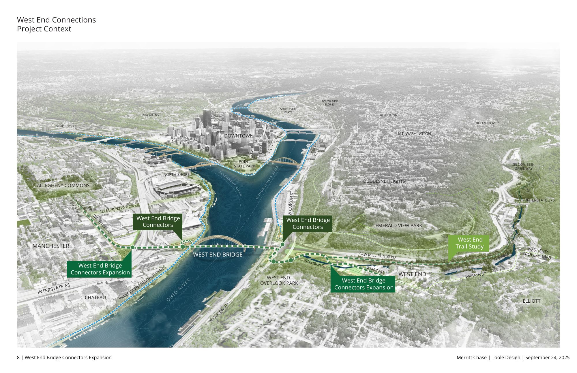 Aerial View of Pittsburgh is shown from the North West highlighting the West End Bridge. All of Pittsburgh’s three rivers can be seen and the Three Rivers Heritage Trail is marked in blue. A dark green line shows where the project will connect to the M
