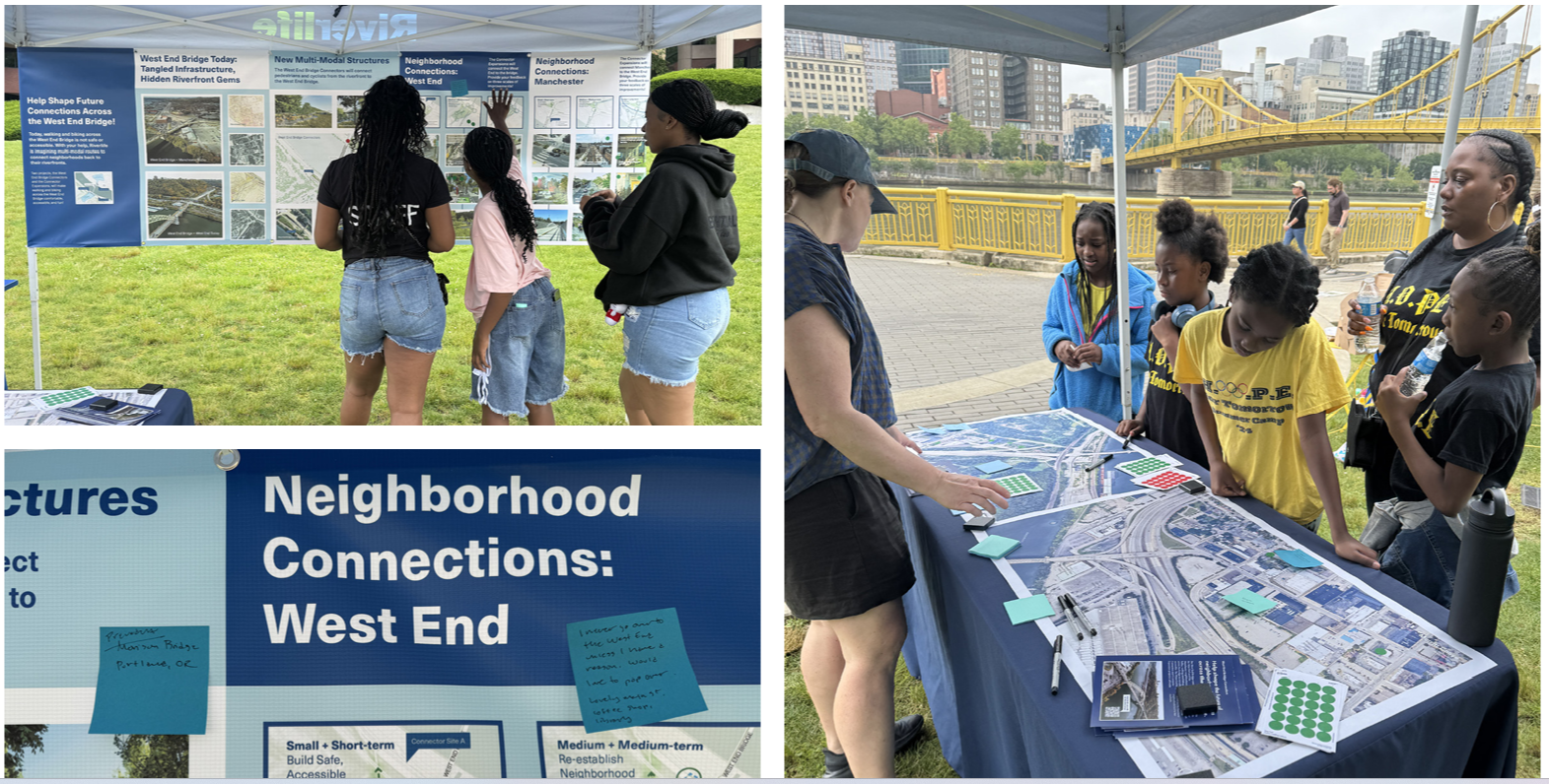 A series of three photographs showing the community engagement process.  In the top left three African American teen girls examine a poster with proposed changes.  At the bottom right, a photo zooms in on the poster showing white words on a dark backgroun