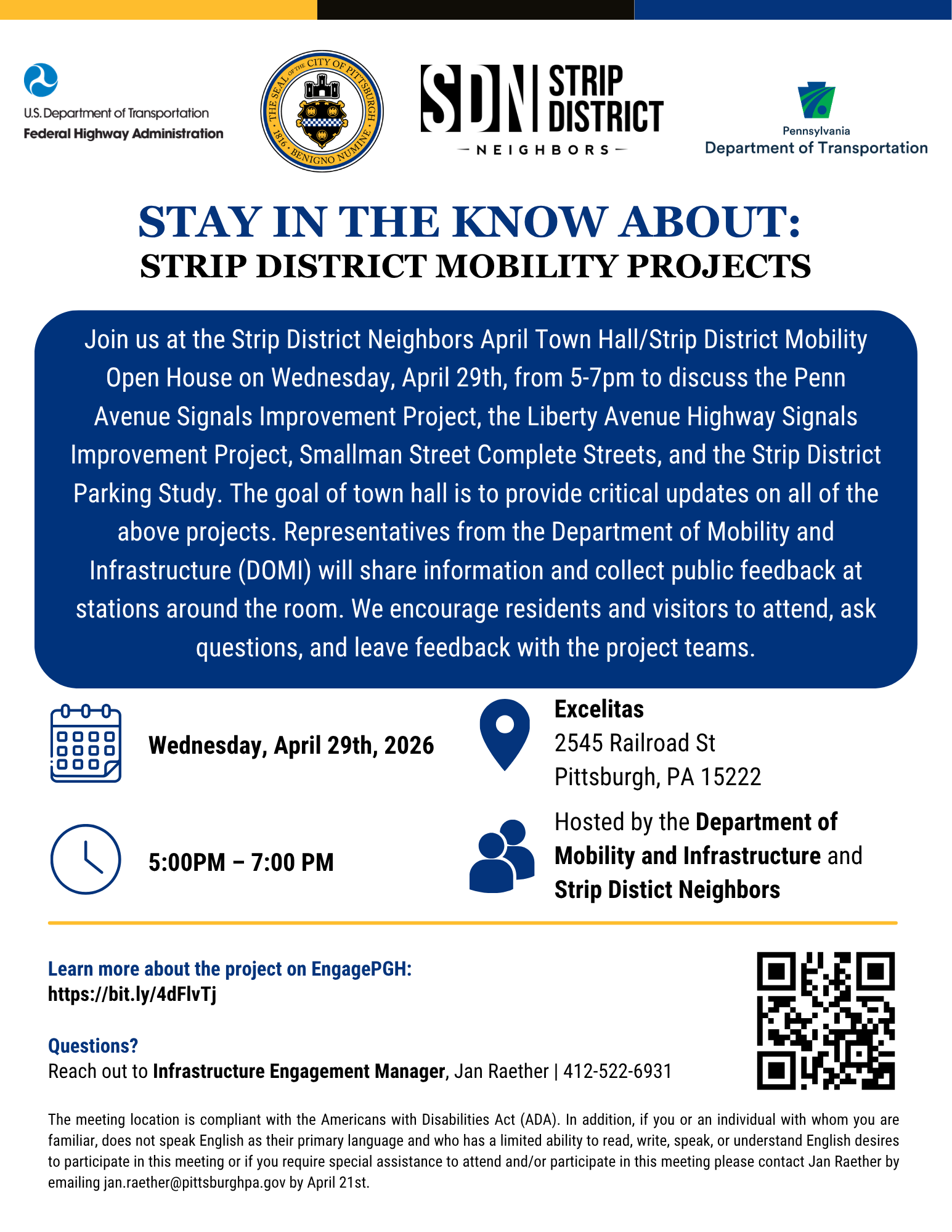 Wednesday, April 29, 2026 05:00 pm to 07:00 pm Town Hall/Mobility Open House  Join us at the Strip District Neighbors April Town Hall/Strip District Mobility Open House on Wednesday, April 29th, from 5-7pm to learn more about upcoming projects in the Stri