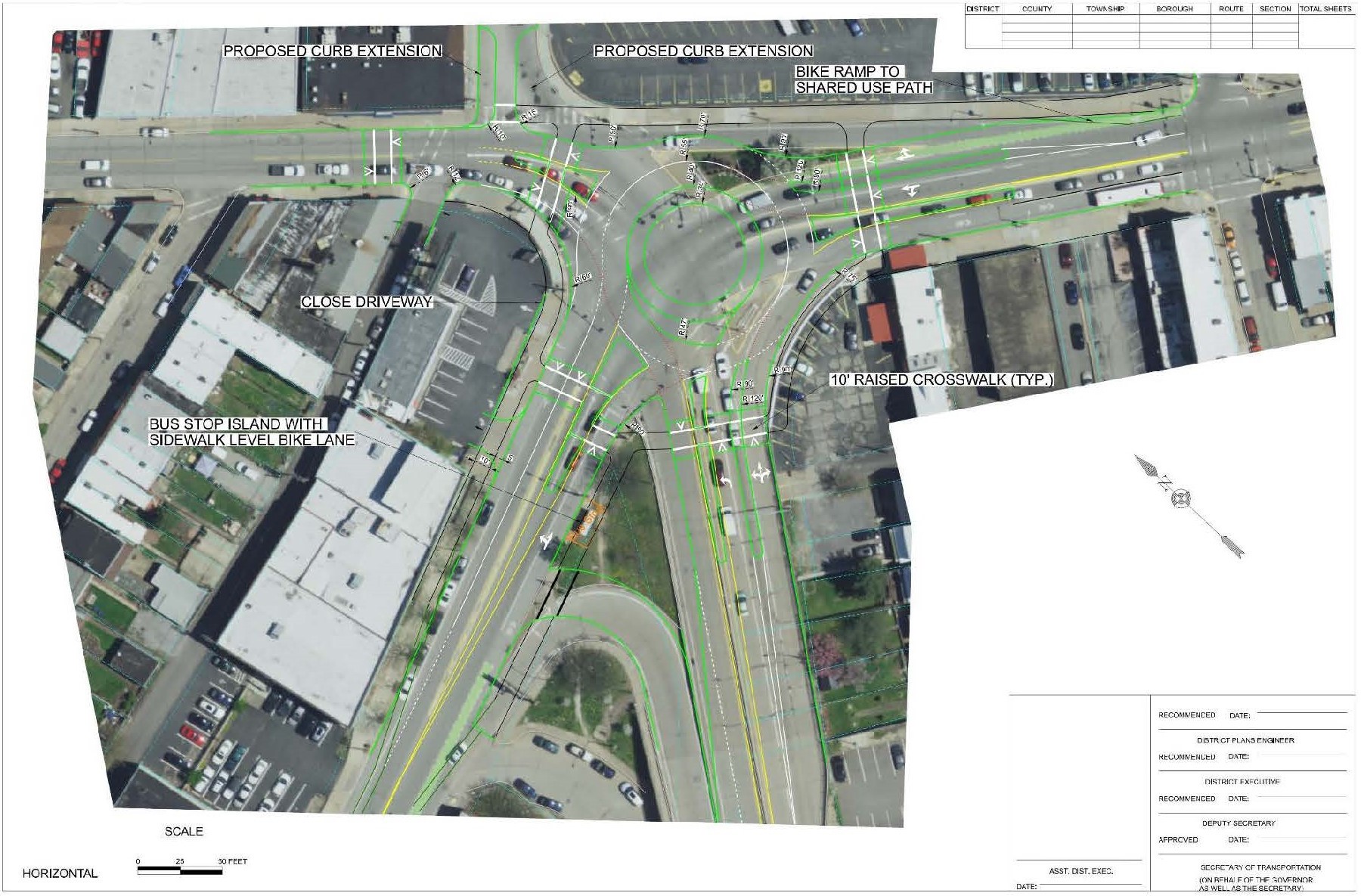 Aerial map showing roundabout proposal at intersection