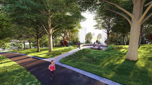Rendering of improved path with new gathering space to the right