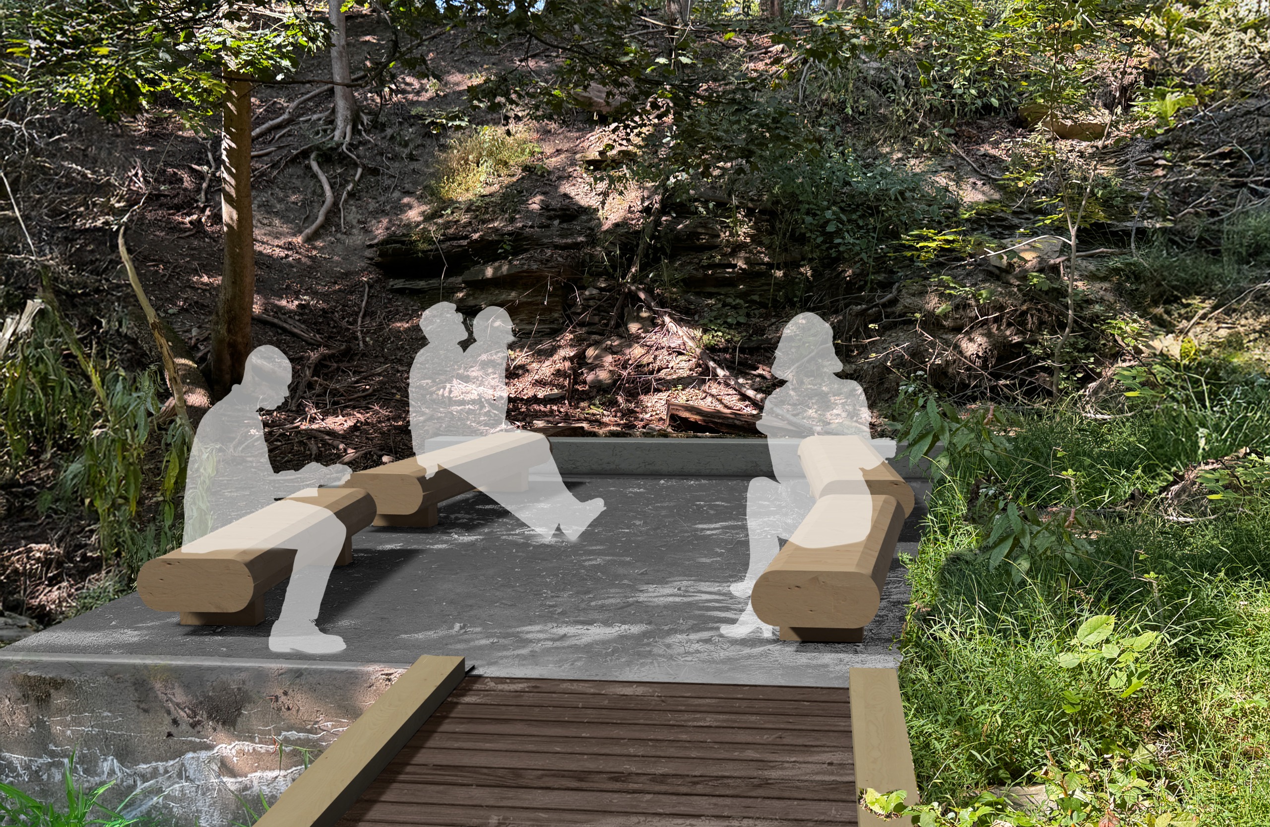 Lower seating area with large wooden benches