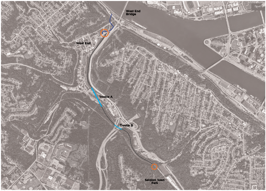 A map of south west Pittsburgh centered on a trial marked in black  running from top to bottom along Saw Mill Run.  Orange circles at the top and bottom point out the beginning and end of the project.  In the center part of the trail is colored blue cross