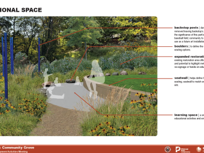 View of a seat wall and paved half circle near the backstop area, a place for a future art project