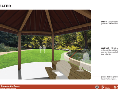 View from hexagon-shaped pavilion towards green lawn and backstop in background