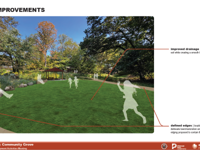 Image of level green lawn with pavilion on far side, children playing